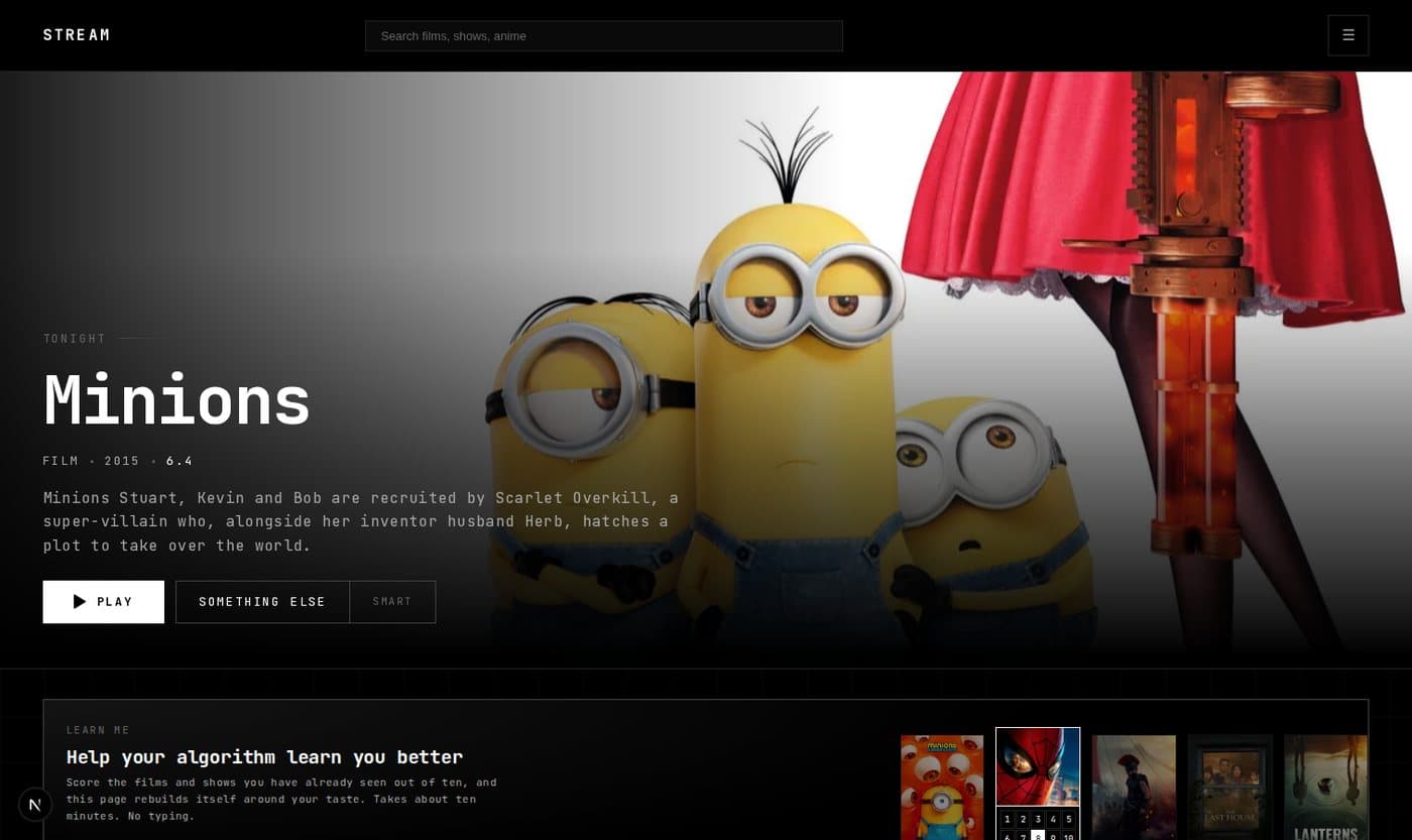 The homestream browse screen with a featured title, description and play controls, over a full-bleed backdrop.