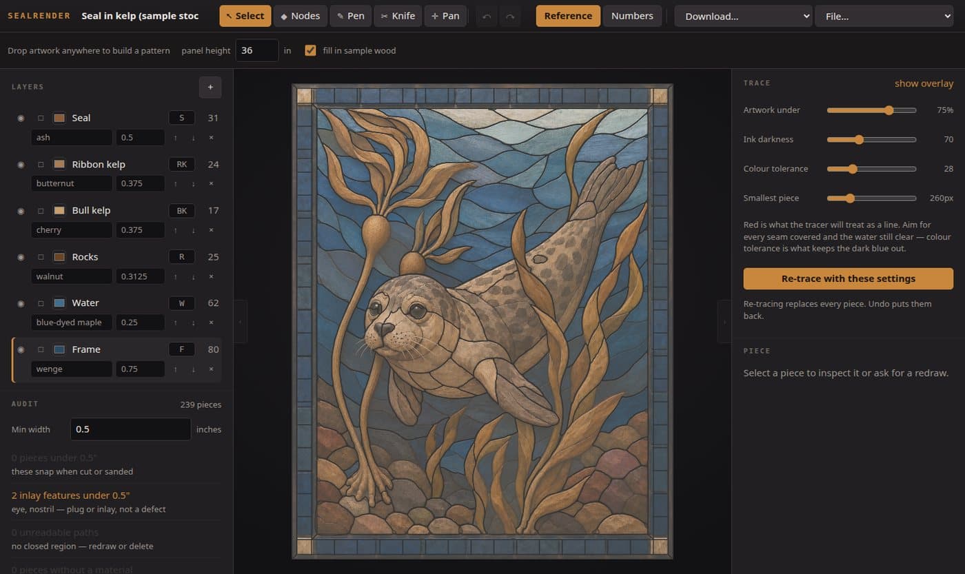 The sealrender editor with an intarsia seal-and-kelp panel traced into 239 numbered pieces, layers and wood species listed down the left, and the audit panel reporting piece widths.