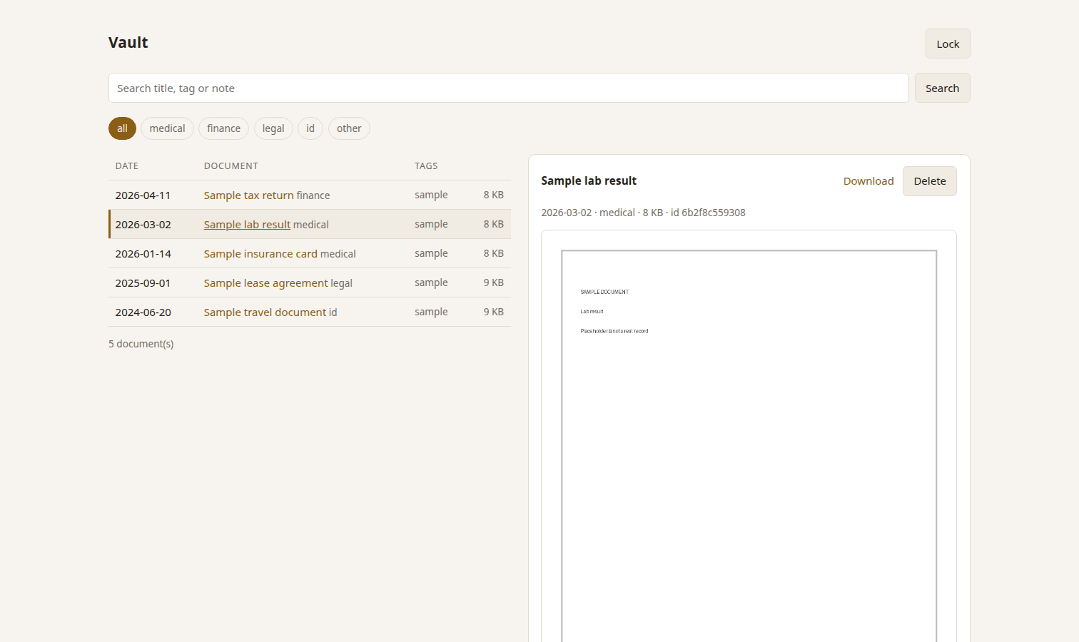 The vault browser interface, unlocked: a list of five sample documents with categories and tags, and a preview pane showing one of them.