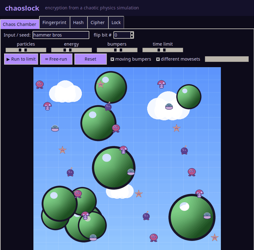 The chaoslock desktop app showing its chaos chamber: balls and bumpers scattered across a physics playfield, with sliders for particles, energy and time limit.