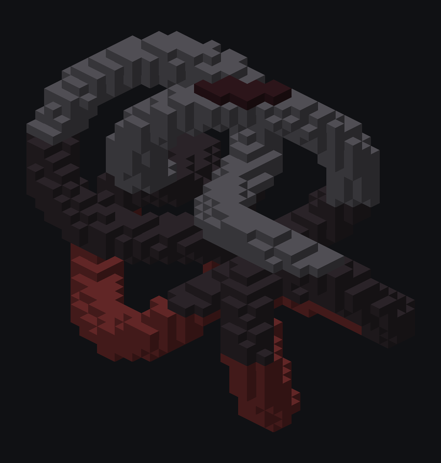 An isometric render of a voxel torus knot, 2,688 blocks, in the dark stone and netherrack palette the bot builds with near a nether highway.