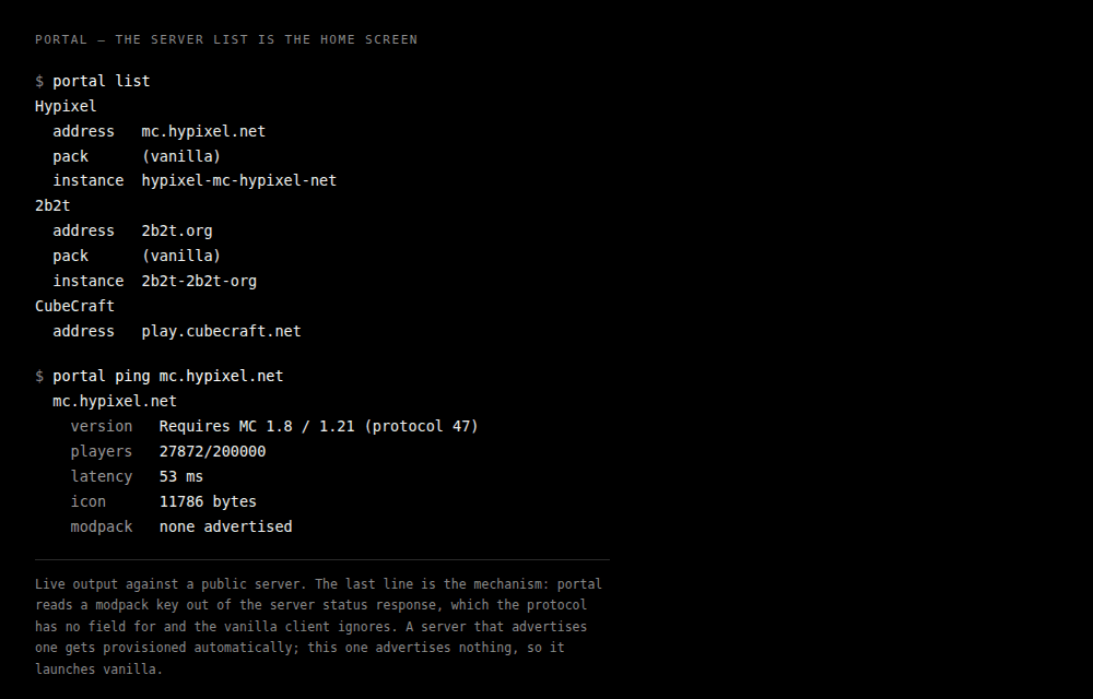 Terminal output from portal list and portal ping, showing the saved servers and a live ping reporting protocol, players, latency and whether a modpack was advertised.