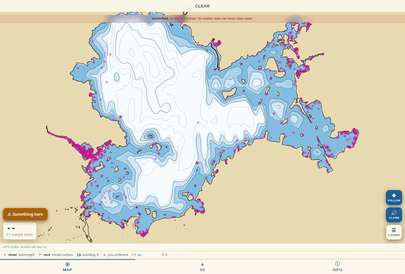 The shoalrun app running — a bathymetric map of Millinocket Lake with submerged shoal and exposed rock markers, a depth-under-boat readout, a proximity alarm, and an on-screen notice that it is an aid and not a chart.